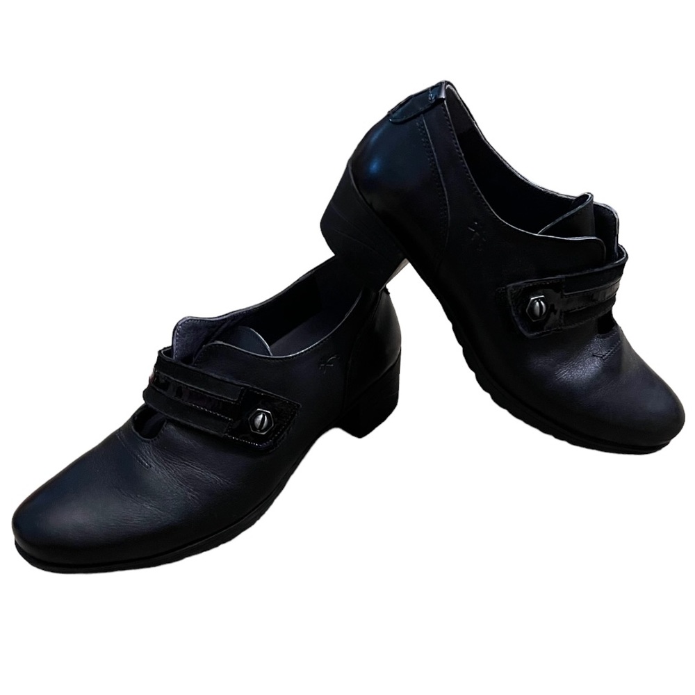 Fluchos Spain Women’s Black Leather Oxford Shoes w/ Velcro Strap 37 6.5